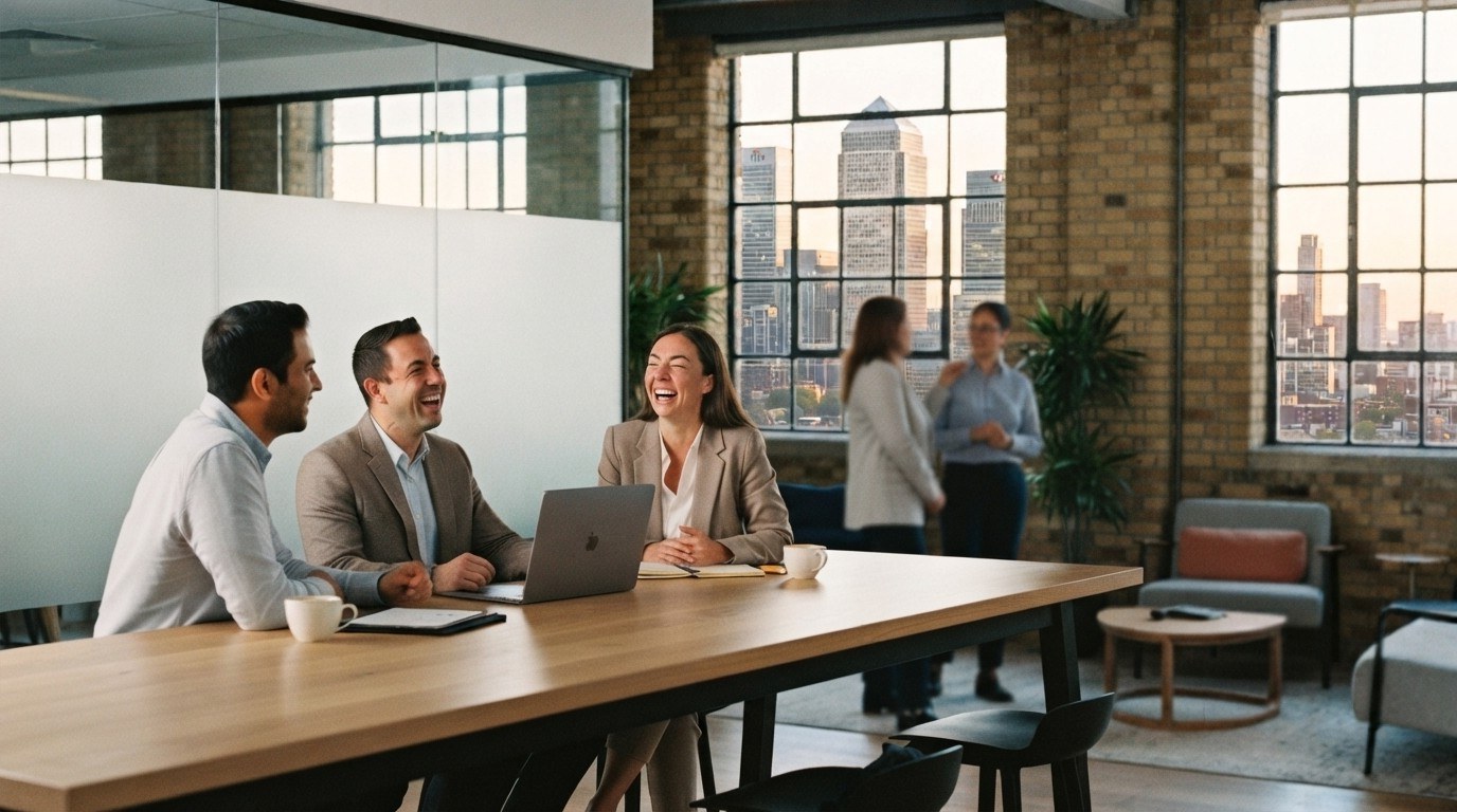 A client team laughing together around a laptop in a London office, Canary Wharf in the window