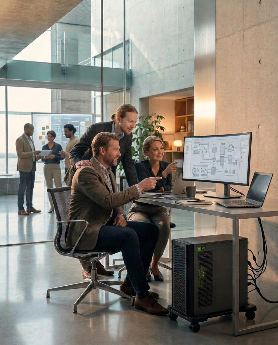 Experienced Finnish technology consultants collaborating at an ultrawide professional workstation